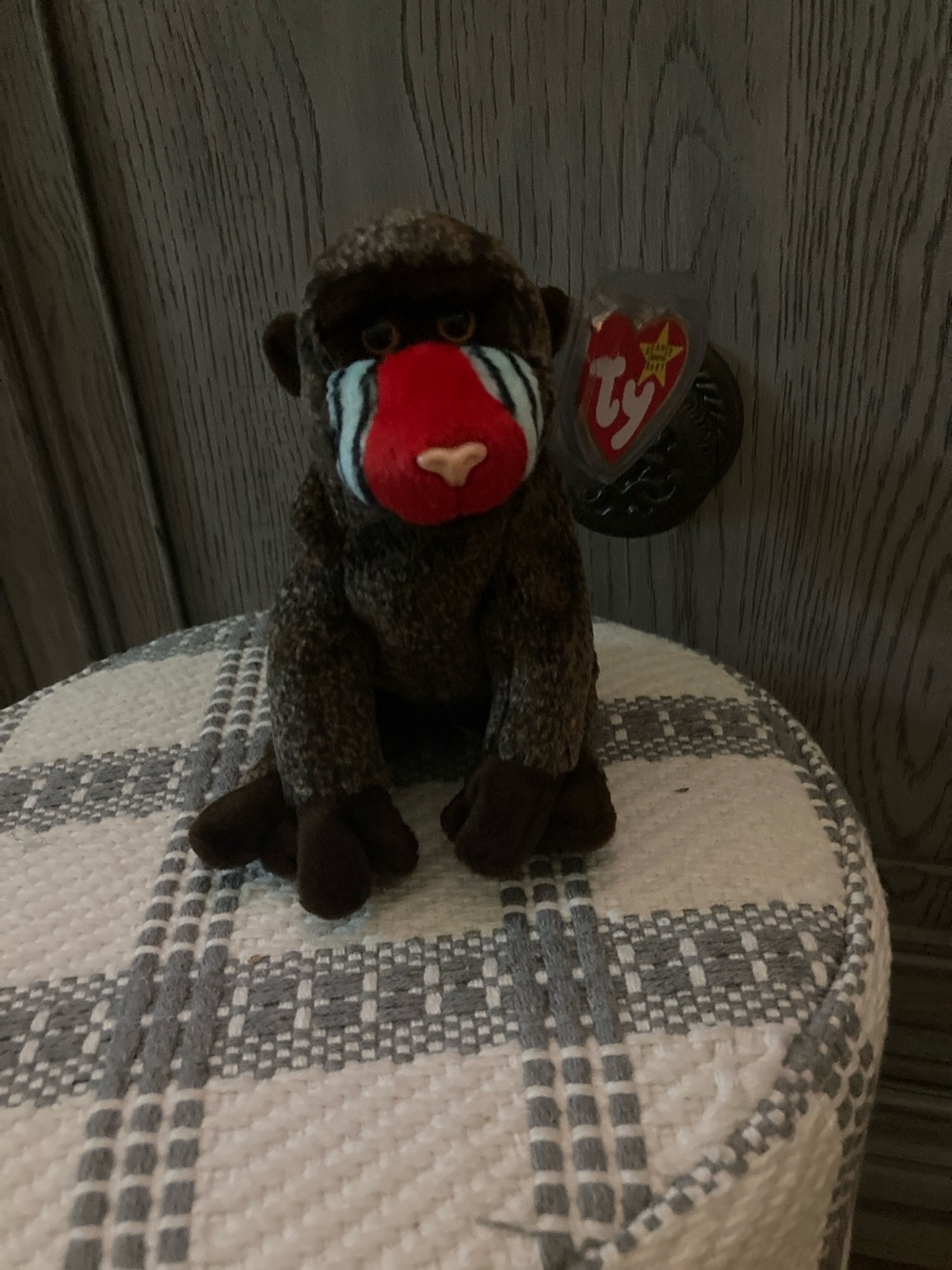 Ty Brown Baboon Plush with Red and Black-White Stripe Face